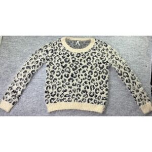 Mudd Womens M Fuzzy Leopard Print Eyelash Knit Crewneck Sweater Black Cream